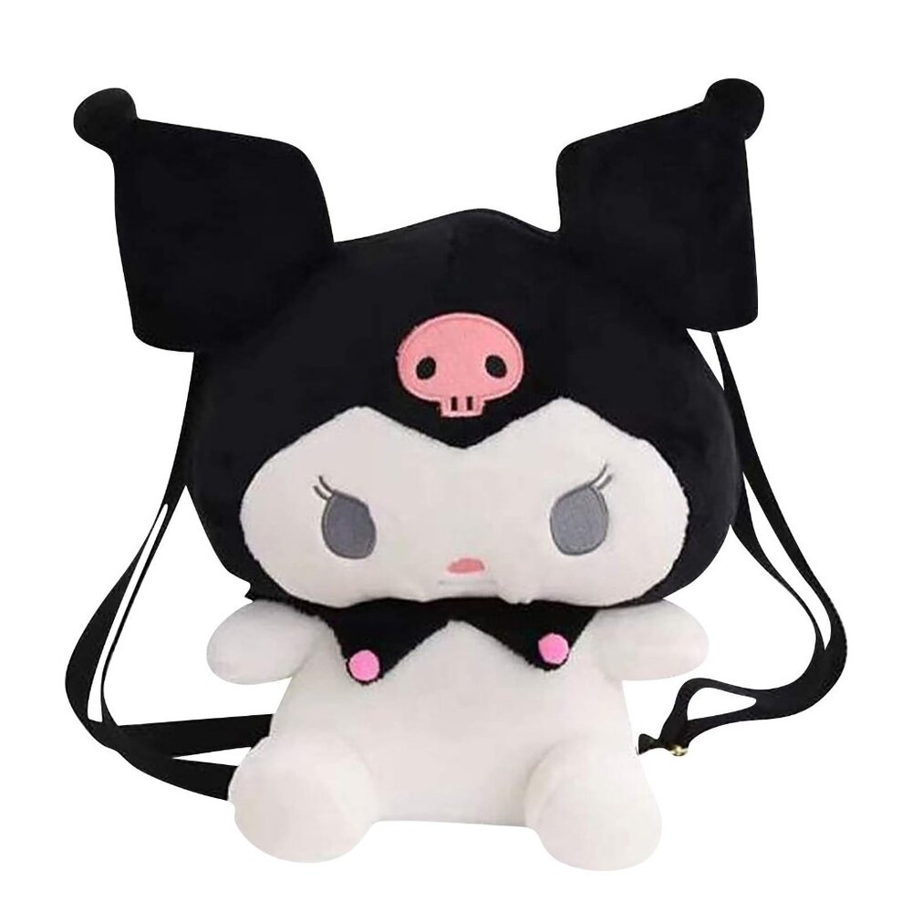 Sanrio Kuromi Plush Backpack w/ Pocket 16" Fluffy‎ Soft SKull Black Pink Purse